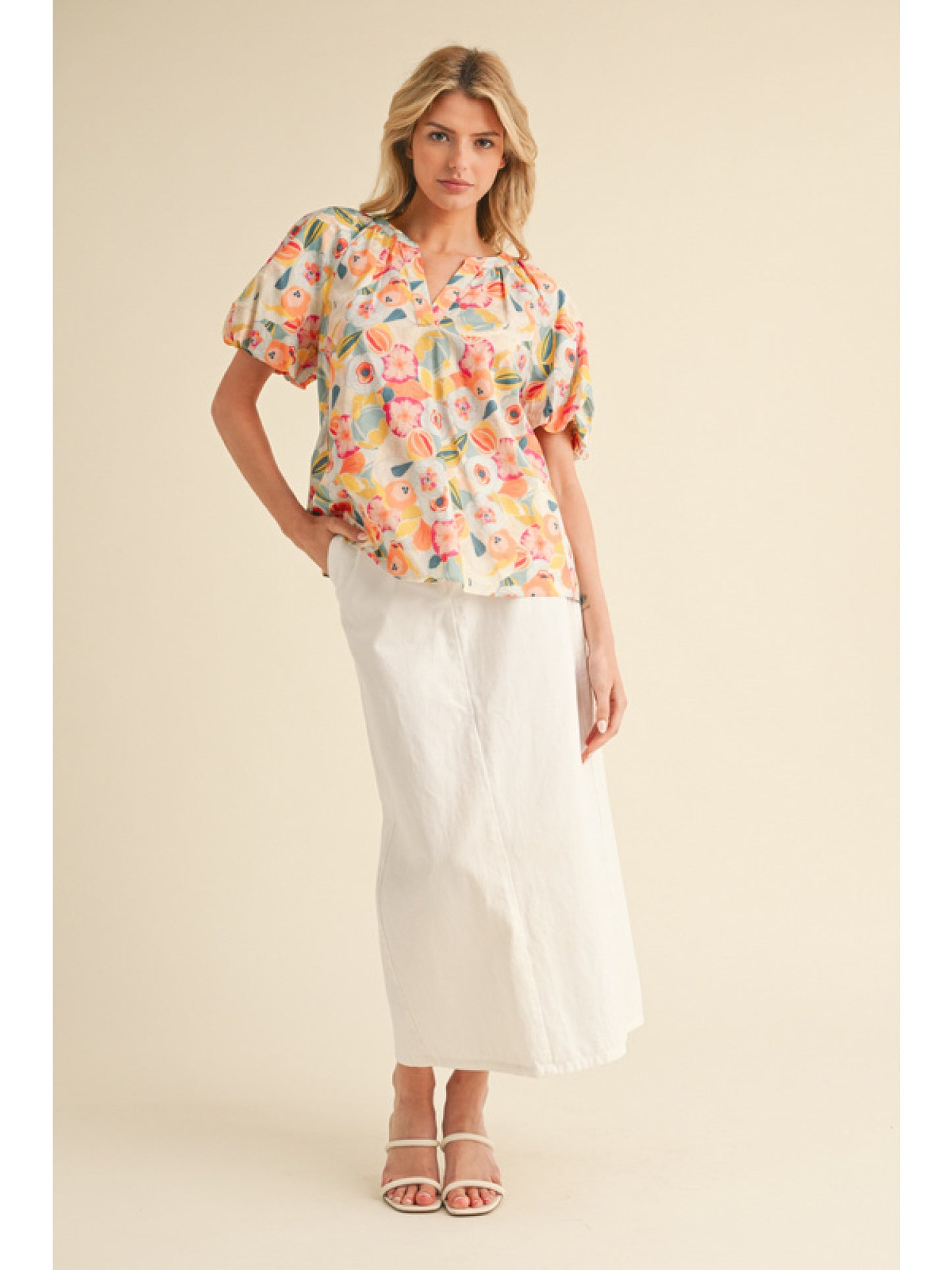 Floral Print Balloon Sleeve Top
