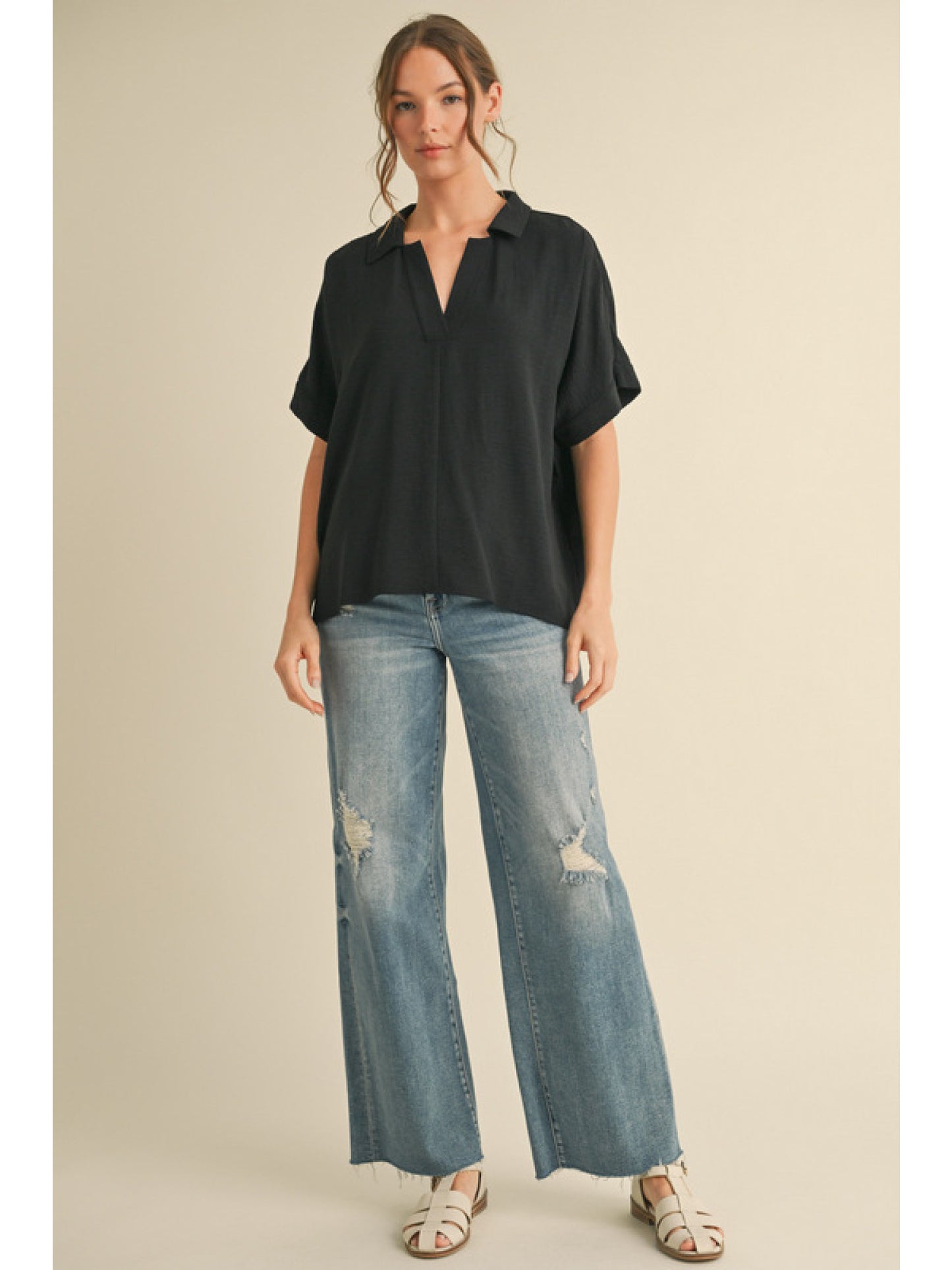 V-Neck Collared Dolman Sleeve Top