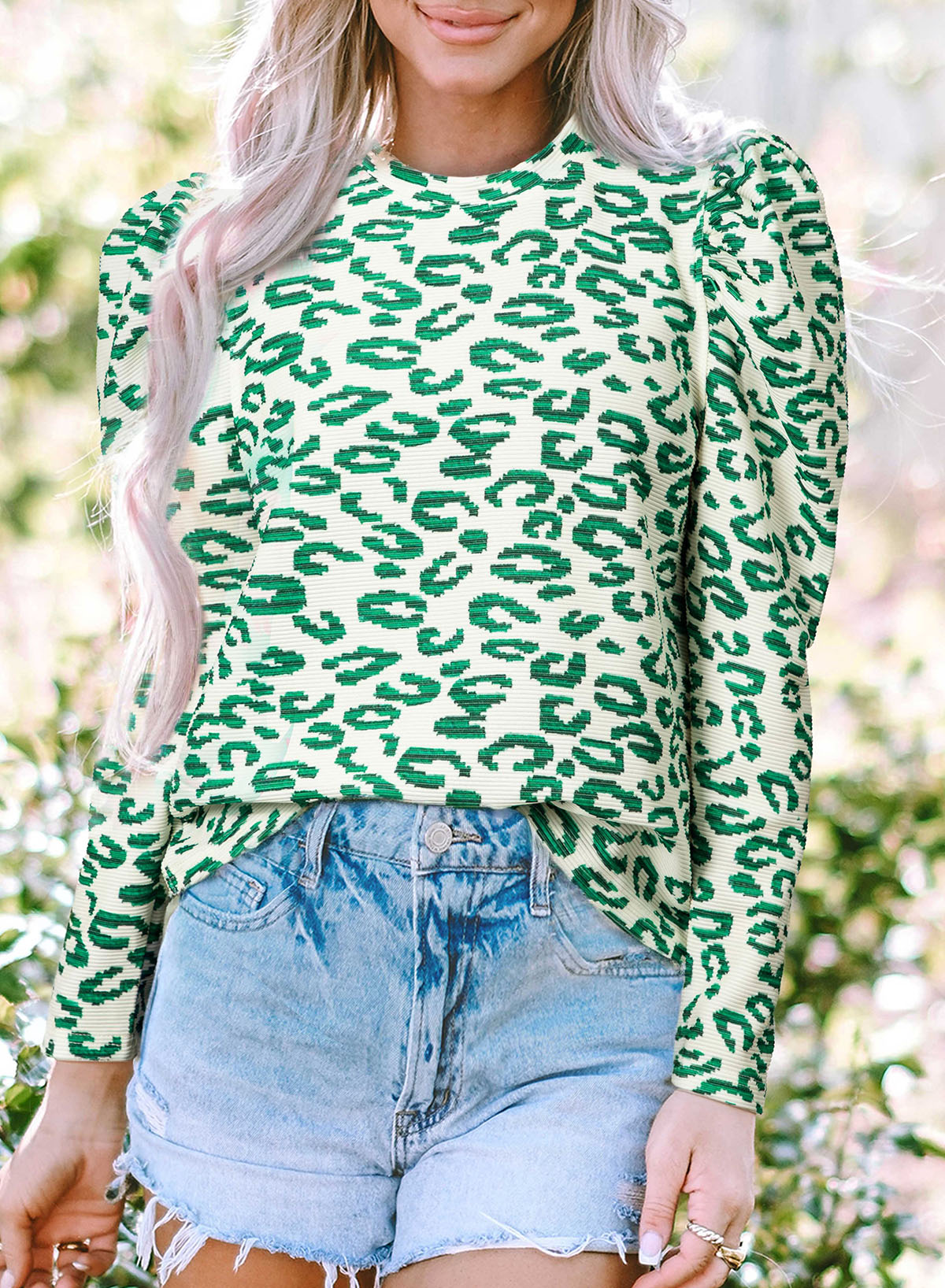 Green Leopard Print Puff Sleeve Sweater