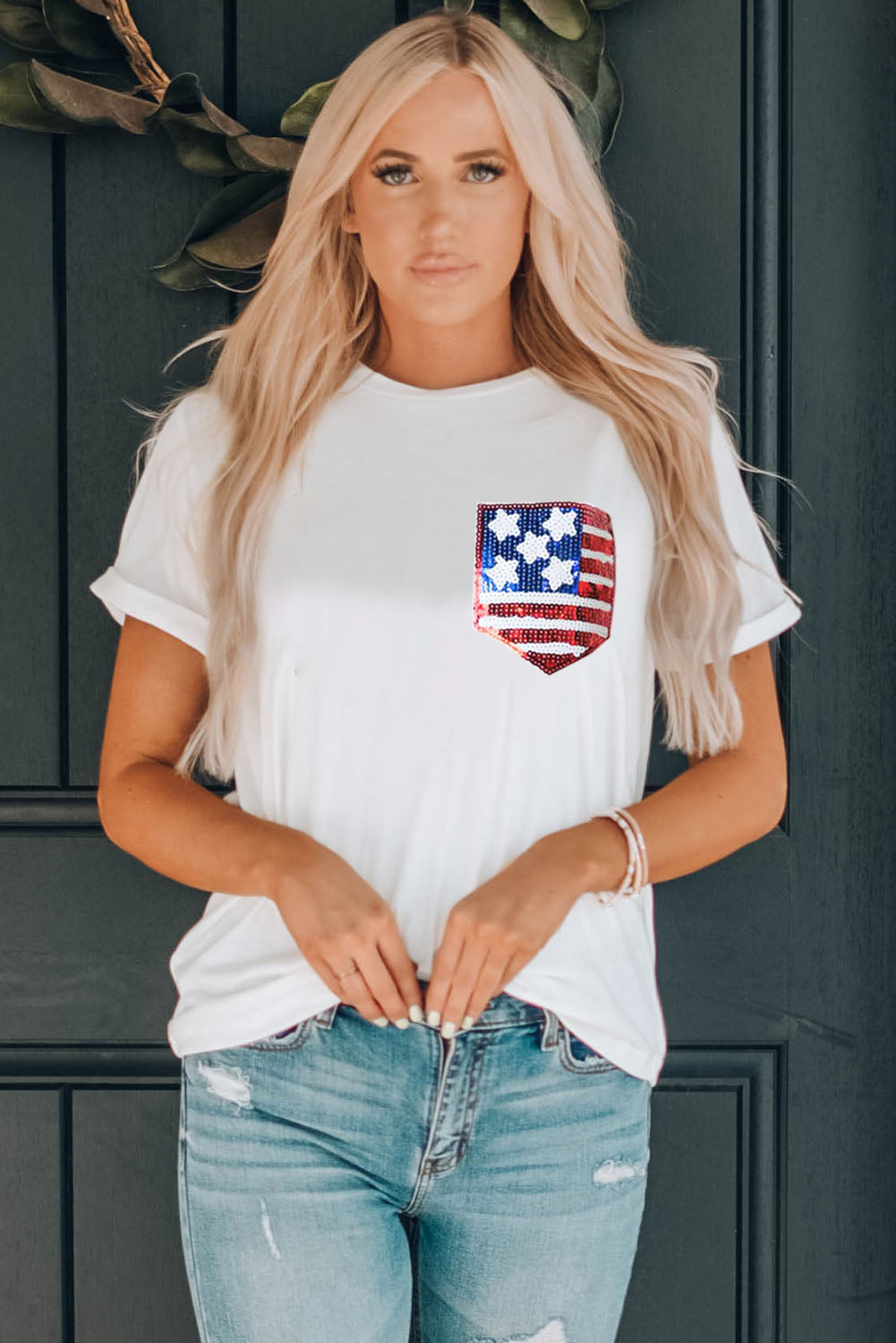 American Flag Sequin Pocket Patched T Shirt