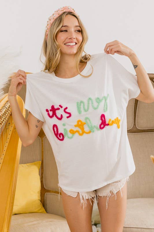Birthday Metallic Letter Dolman Sleeve Top