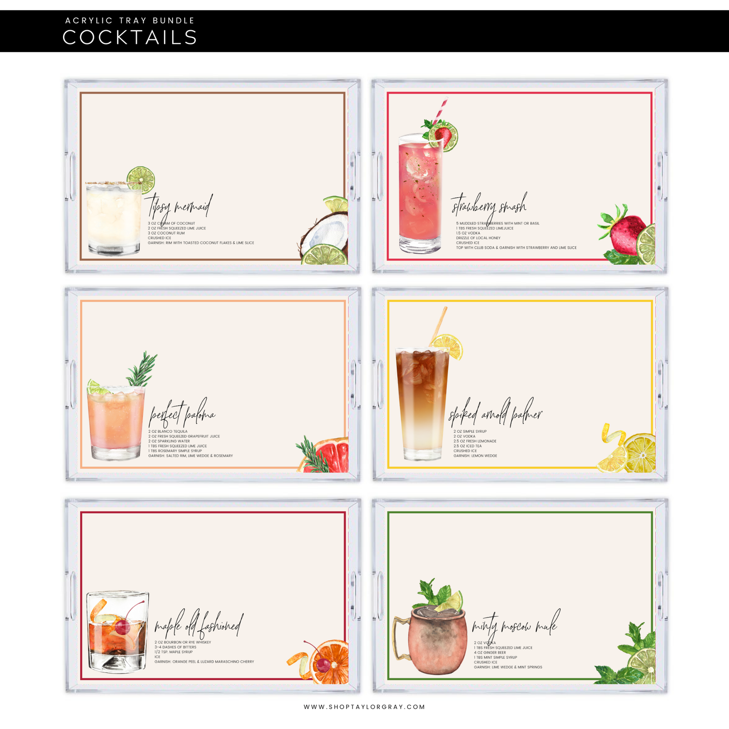 11x17 Acrylic Tray with COCKTAILS insert set of 10