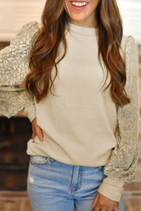 Leopard Print Long Sleeve Ribbed Knit Blouse