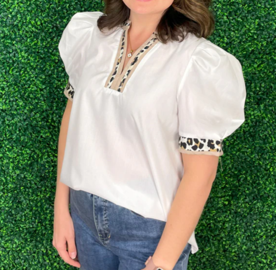 V-Neck with Blouse with Cheetah Trim