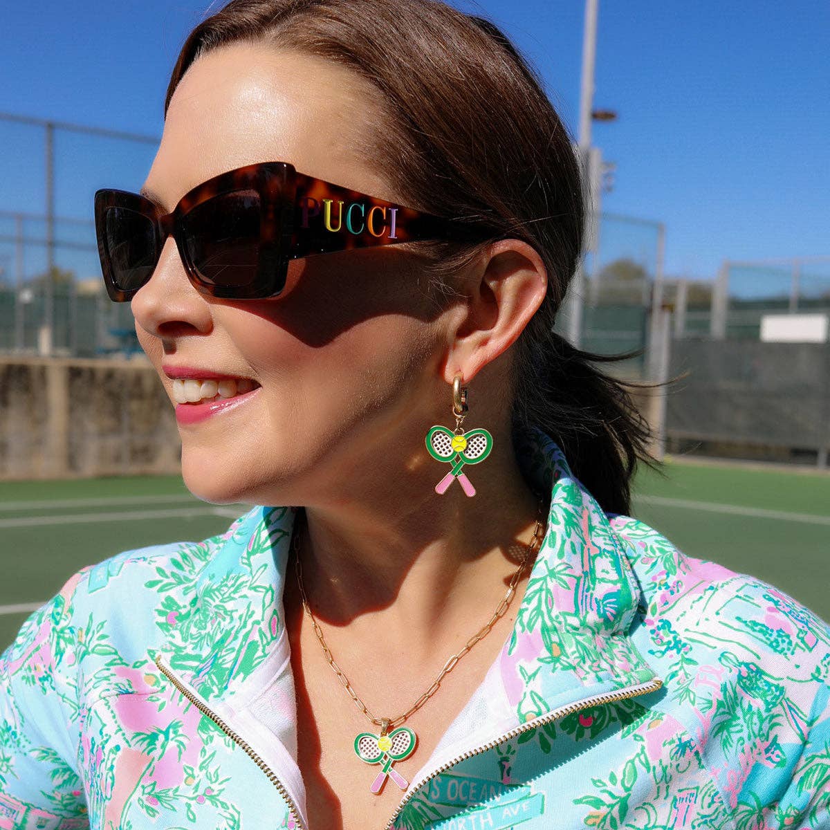 Tennis Racquet Drop Hoop Earrings