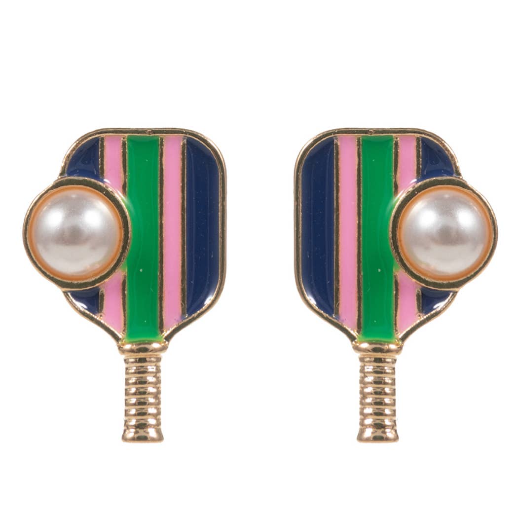Pickleball Paddle with Pearl Post Earrings