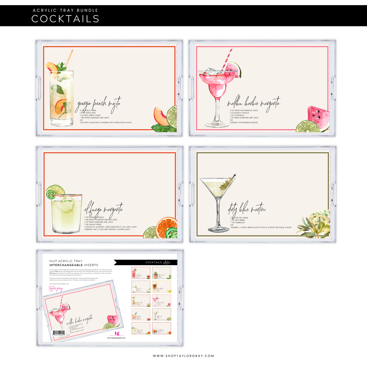 11x17 Acrylic Tray with COCKTAILS insert set of 10