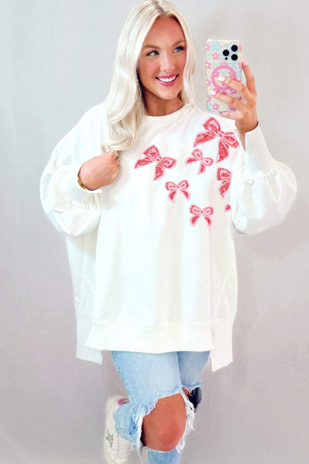 White Sequin Bow Sweatshirt
