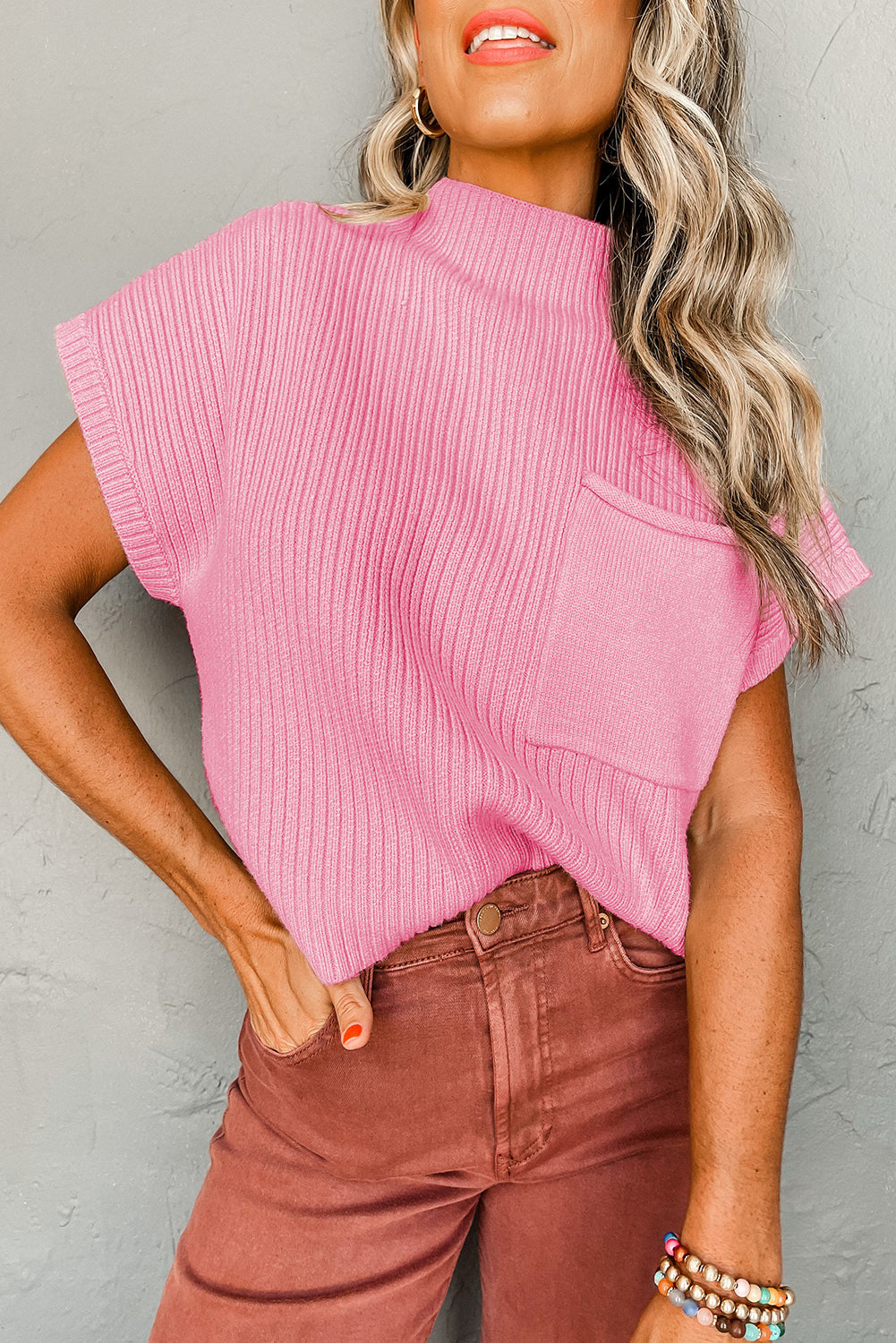 Pink Pocket Ribbed Knit Sweater