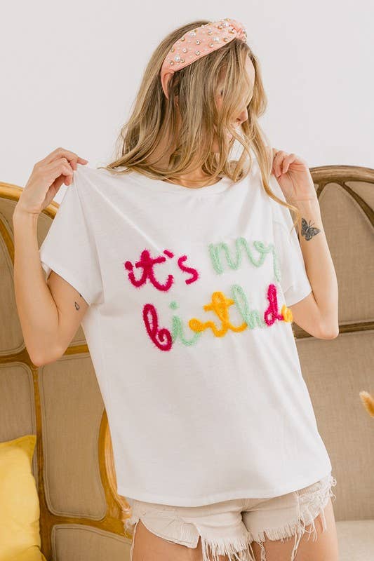 Birthday Metallic Letter Dolman Sleeve Top