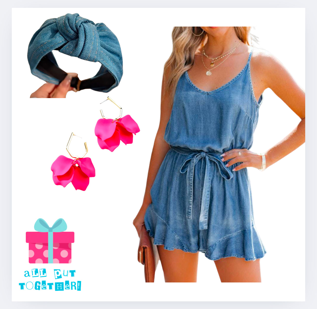 Spaghetti Straps V Neck Belted Ruffled Leg Chambray Romper