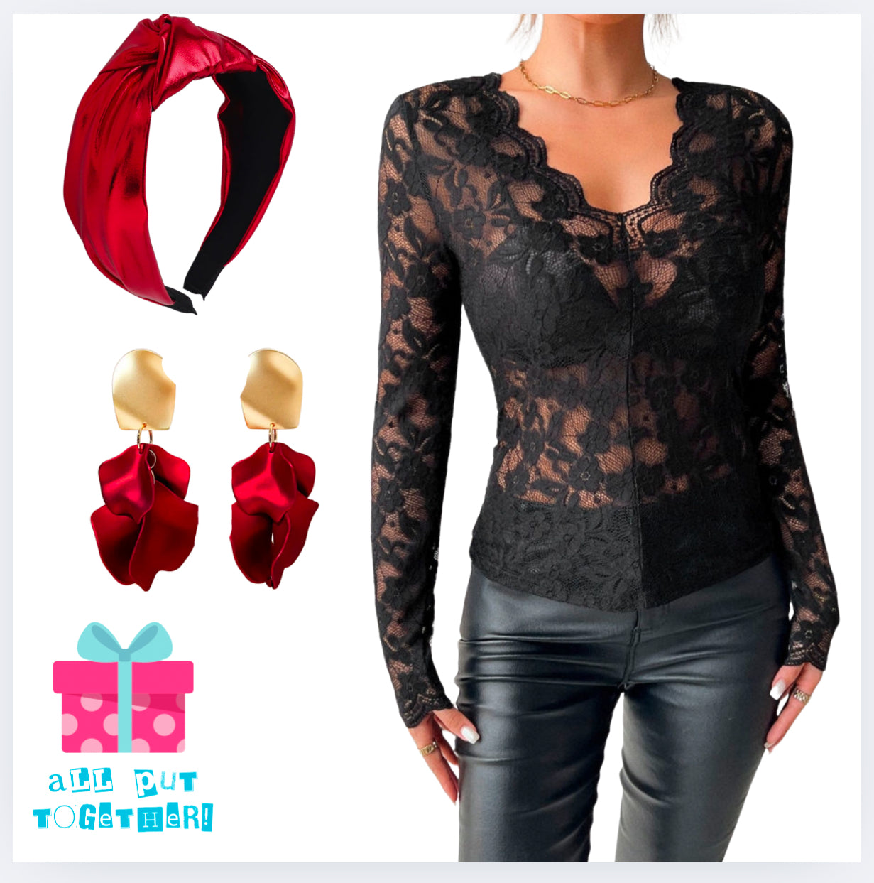 Black Scallop V-neck Lace Slim Fit Long Sleeve Top
