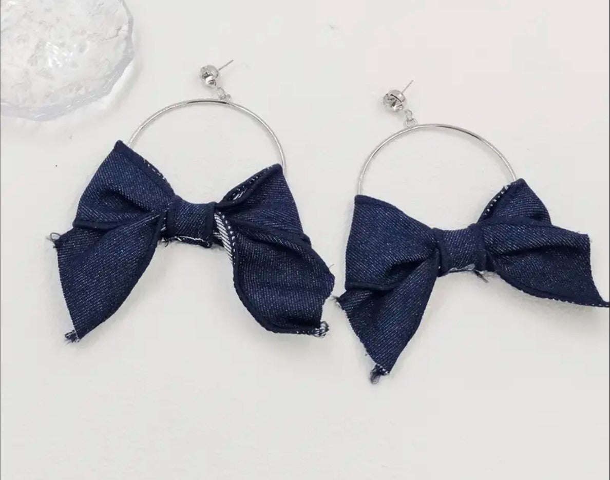 Denim Bow Hoop Earrings