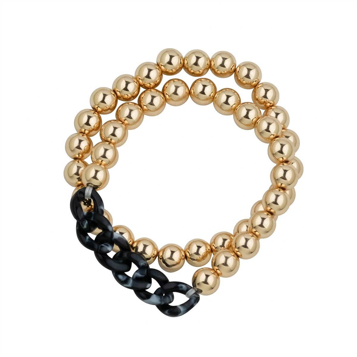 Black Acrylic Chain & Gold Beaded Strand Stretch Bracelet Stack