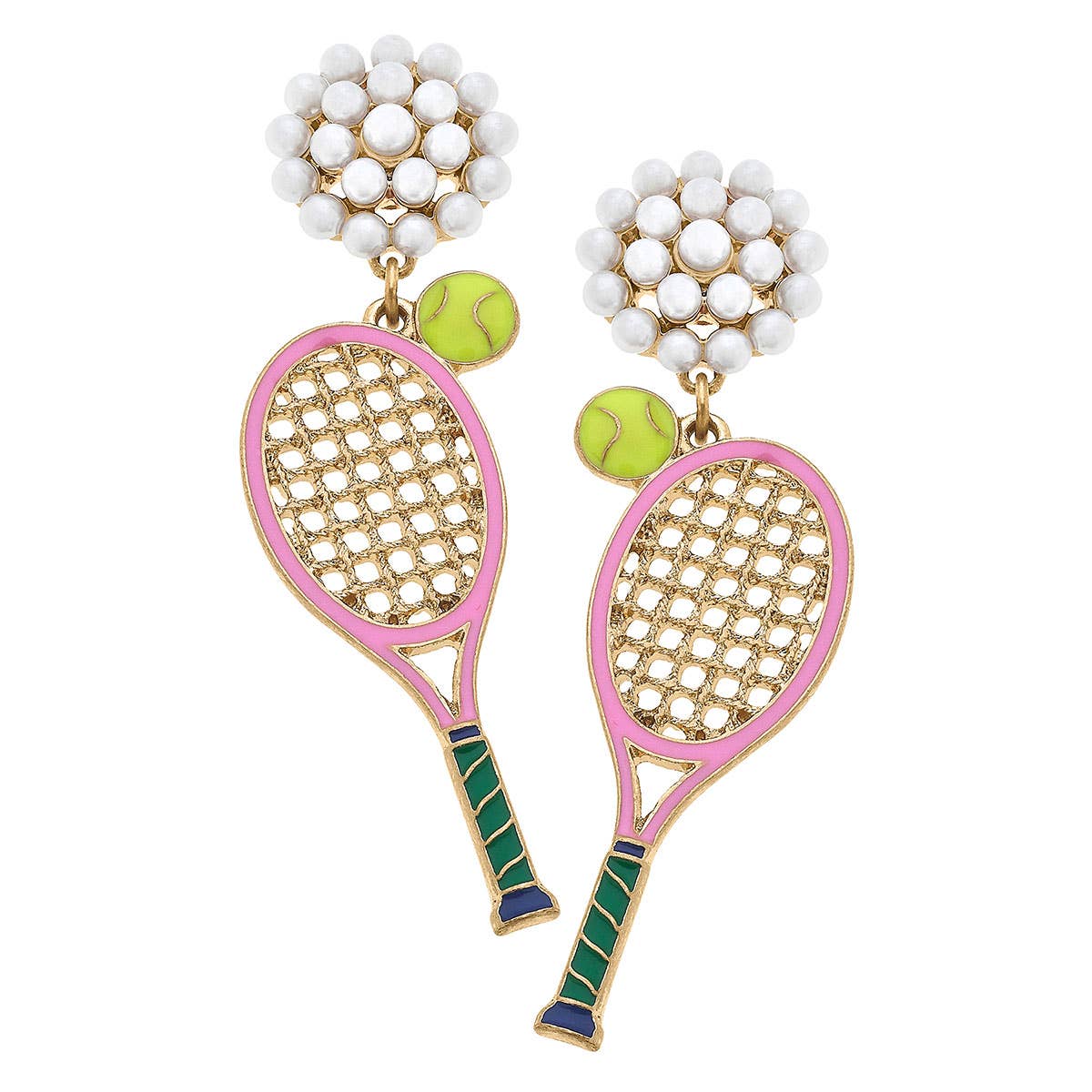 Tennis Racket Pearl Cluster Earrings