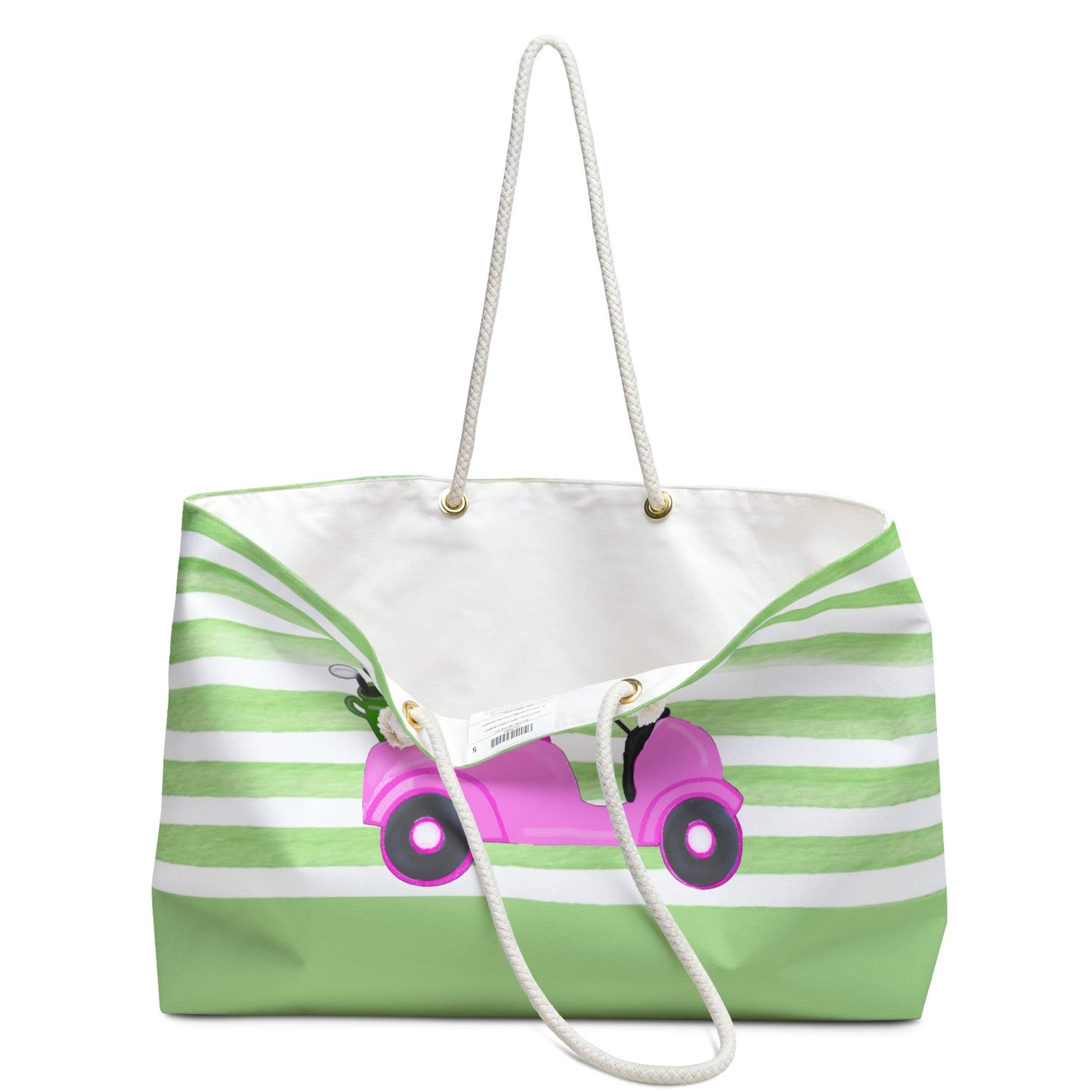 Weekender Tote Bag - Green Stripes w Pink Golf Cart