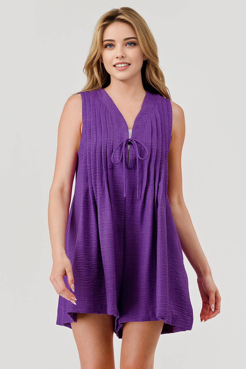 Pleated Tie Front Overall Romper Purple
