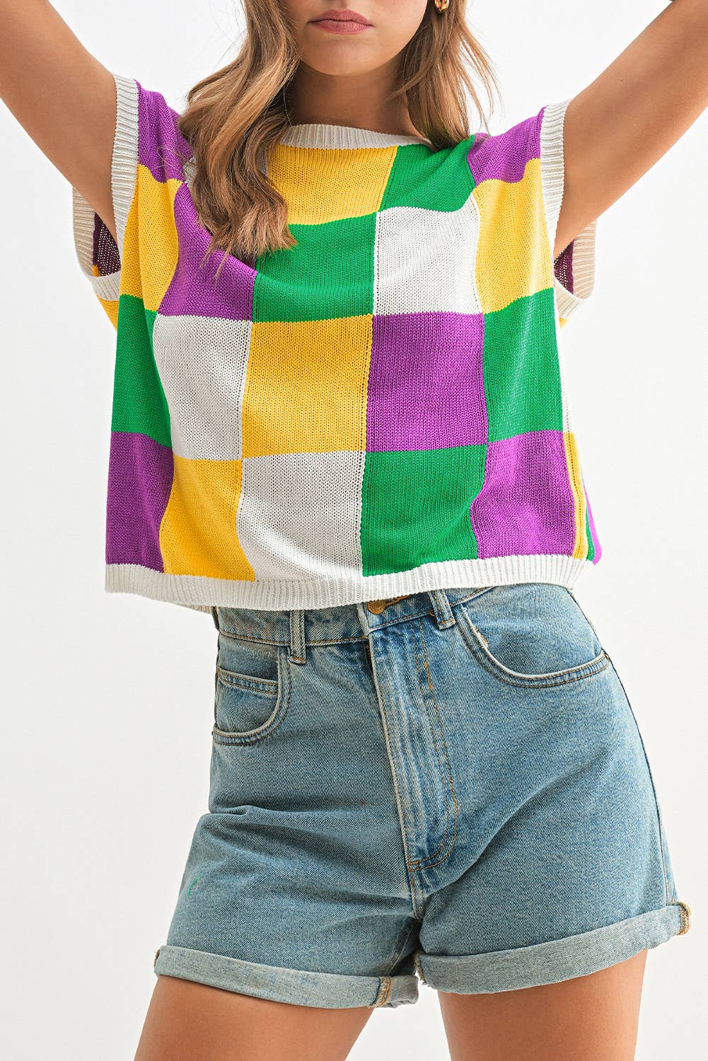 Mardi Gras Colorblock Cap Sleeve Knitted Sweater Top