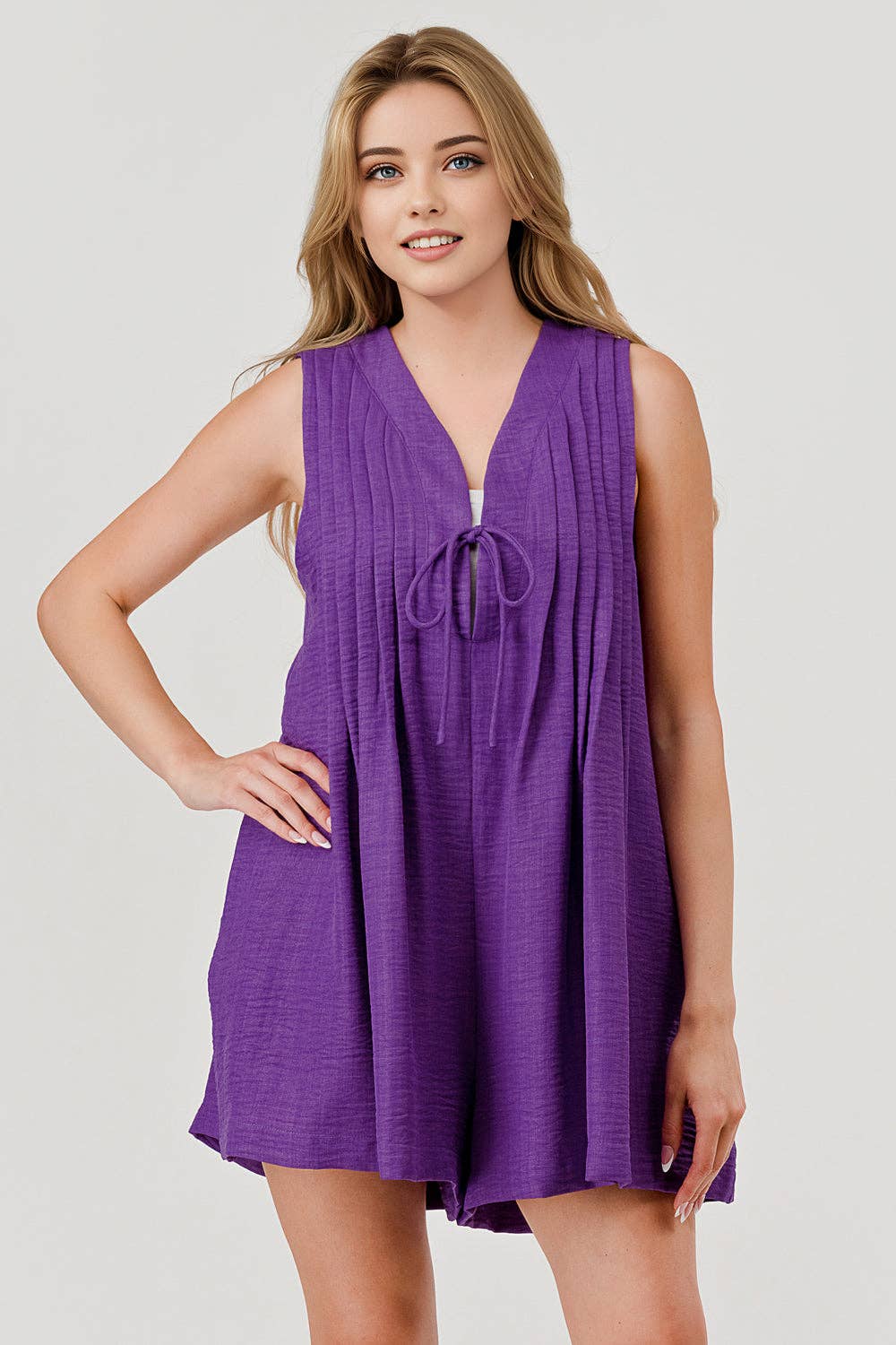 Pleated Tie Front Overall Romper Purple