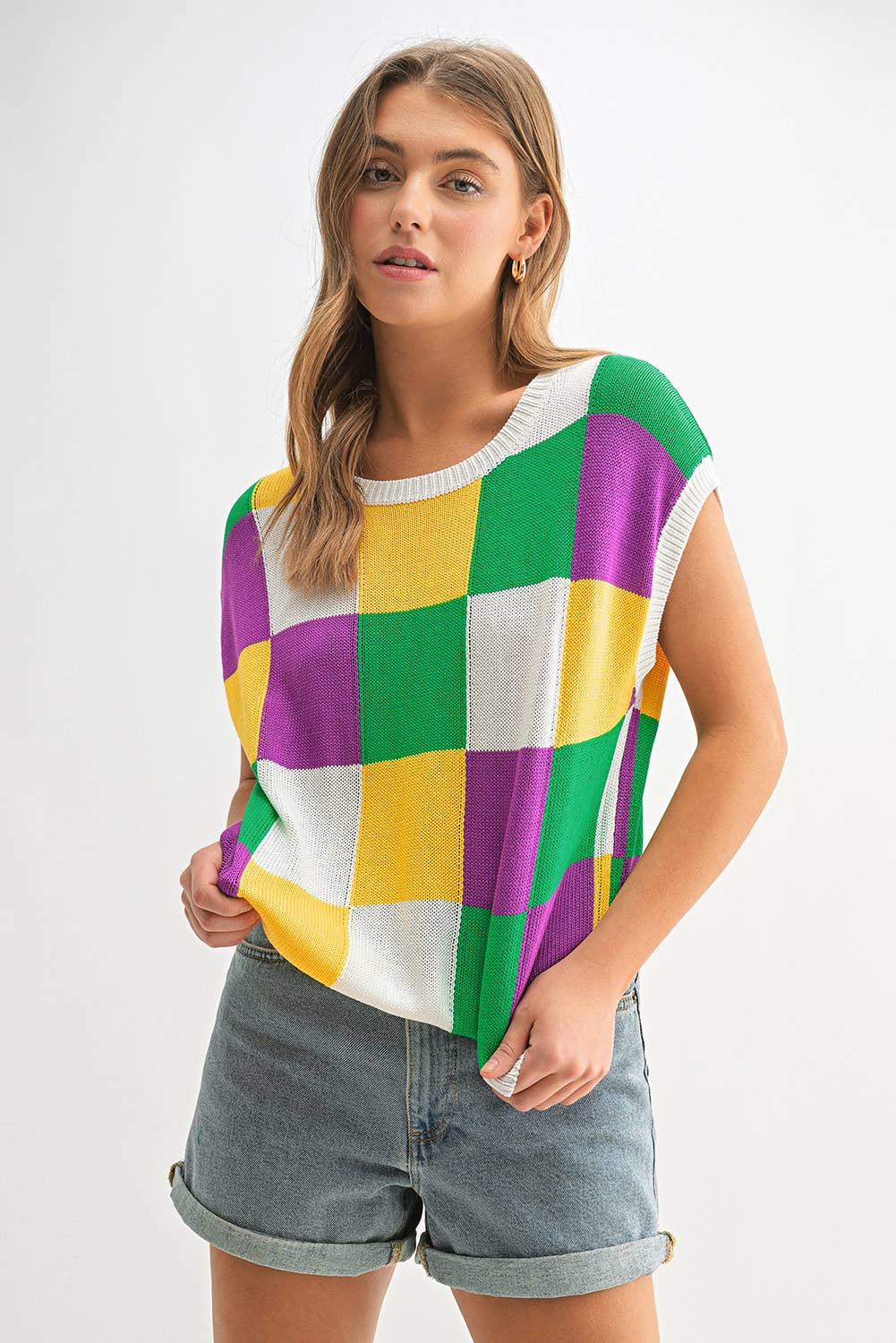 Mardi Gras Colorblock Cap Sleeve Knitted Sweater Top