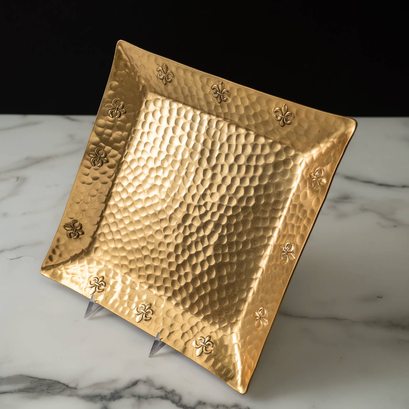 10" Gold Hammered Fleur de Lis Border Square Tray
