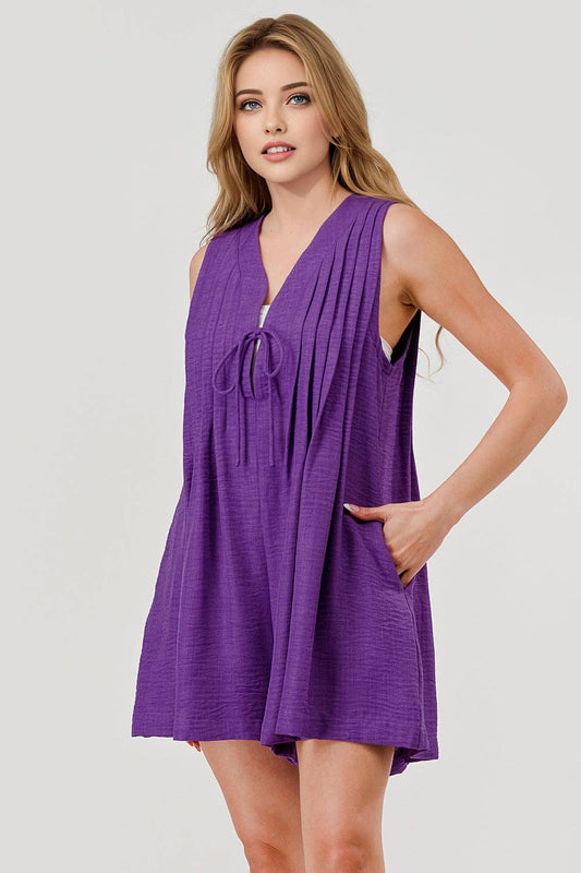Pleated Tie Front Overall Romper Purple