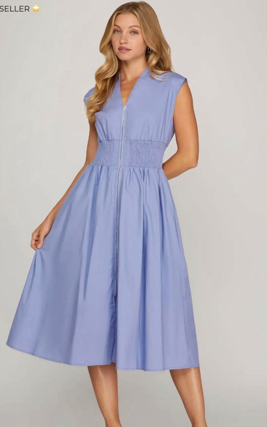 Light Blue Midi Zipper Dress