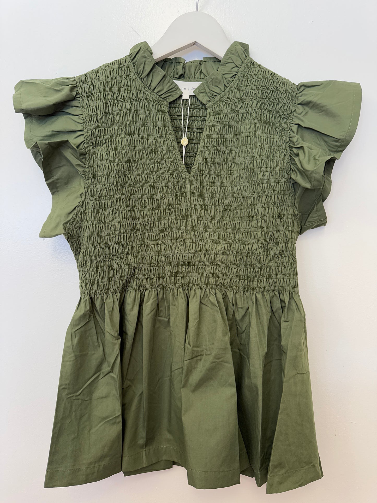 Olive Green V-Neck Smocked Top