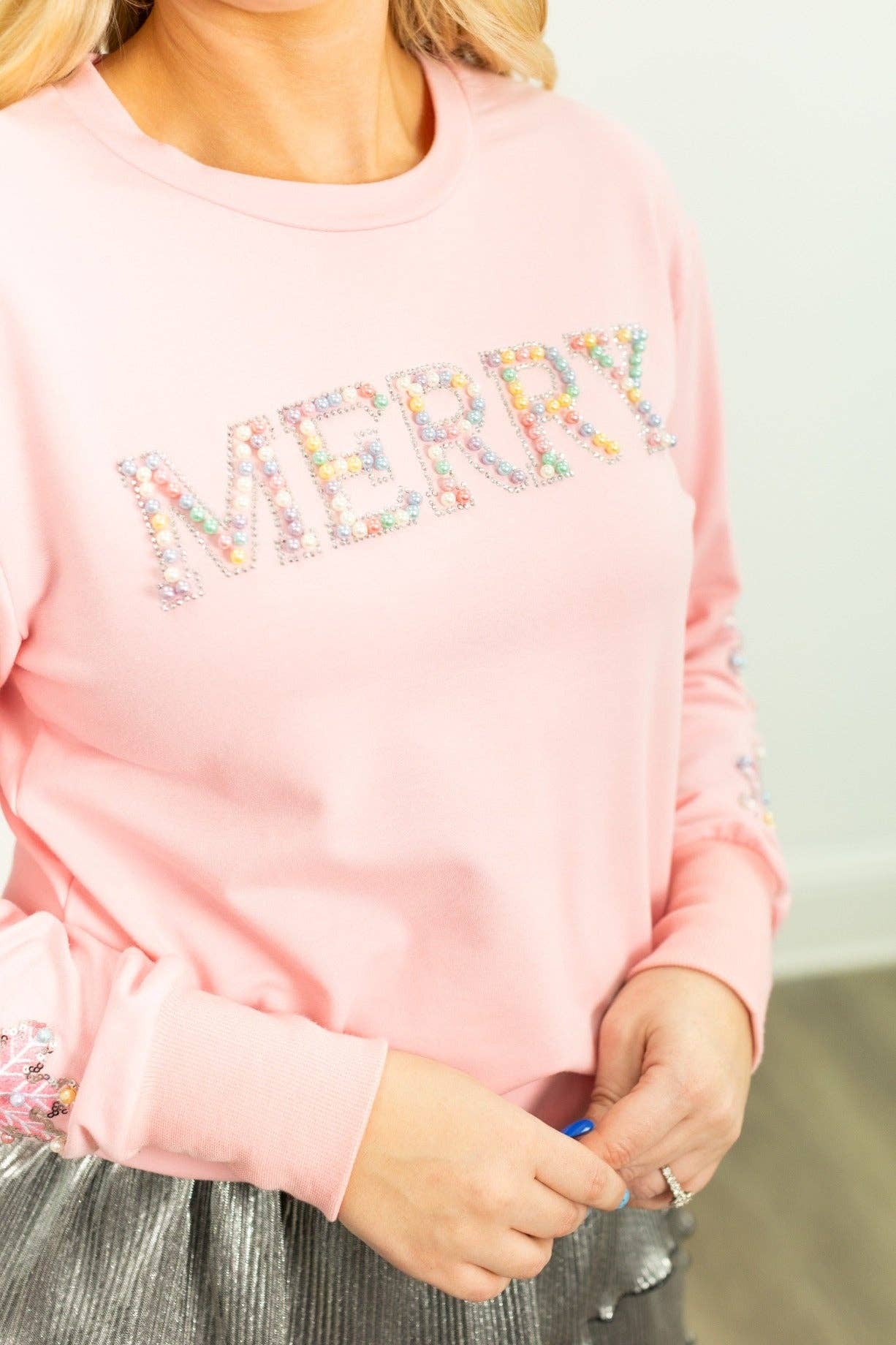 Pearl "Merry" on Pink Sweatshirt