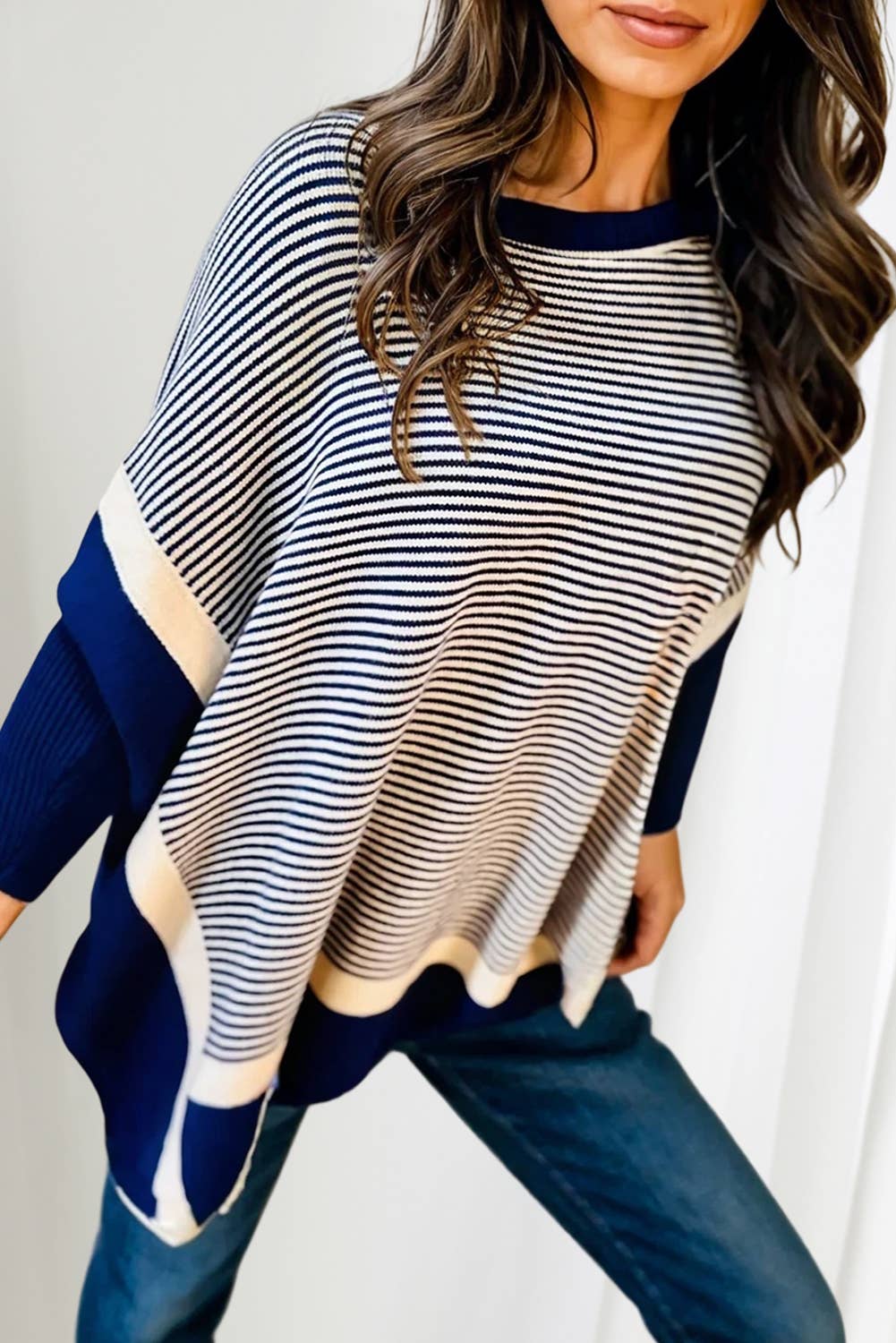 Stripe Colorblock Patch Dolman Tunic Sweater
