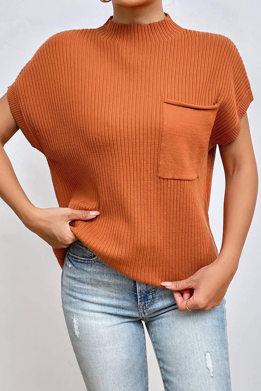 Chic Ribbed Mock Neck Knit Sweater