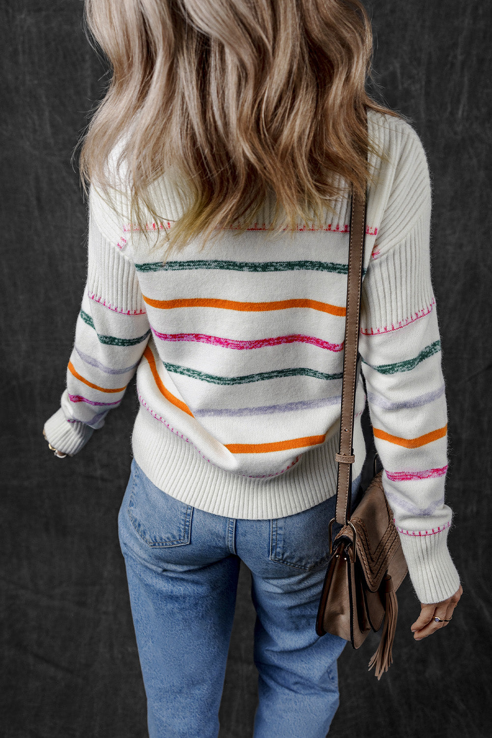 White Colorful Striped Ribbed Trim Round Neck Sweater