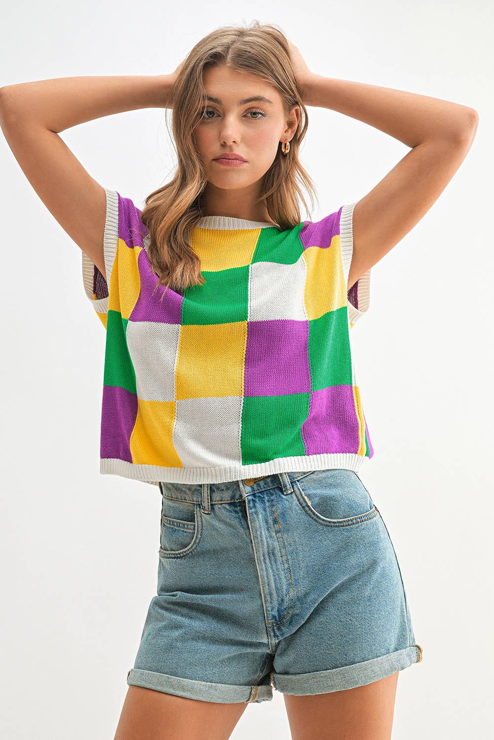 Mardi Gras Colorblock Cap Sleeve Knitted Sweater Top