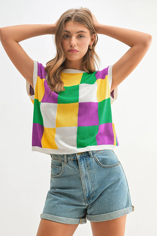 Mardi Gras Colorblock Cap Sleeve Knitted Sweater Top