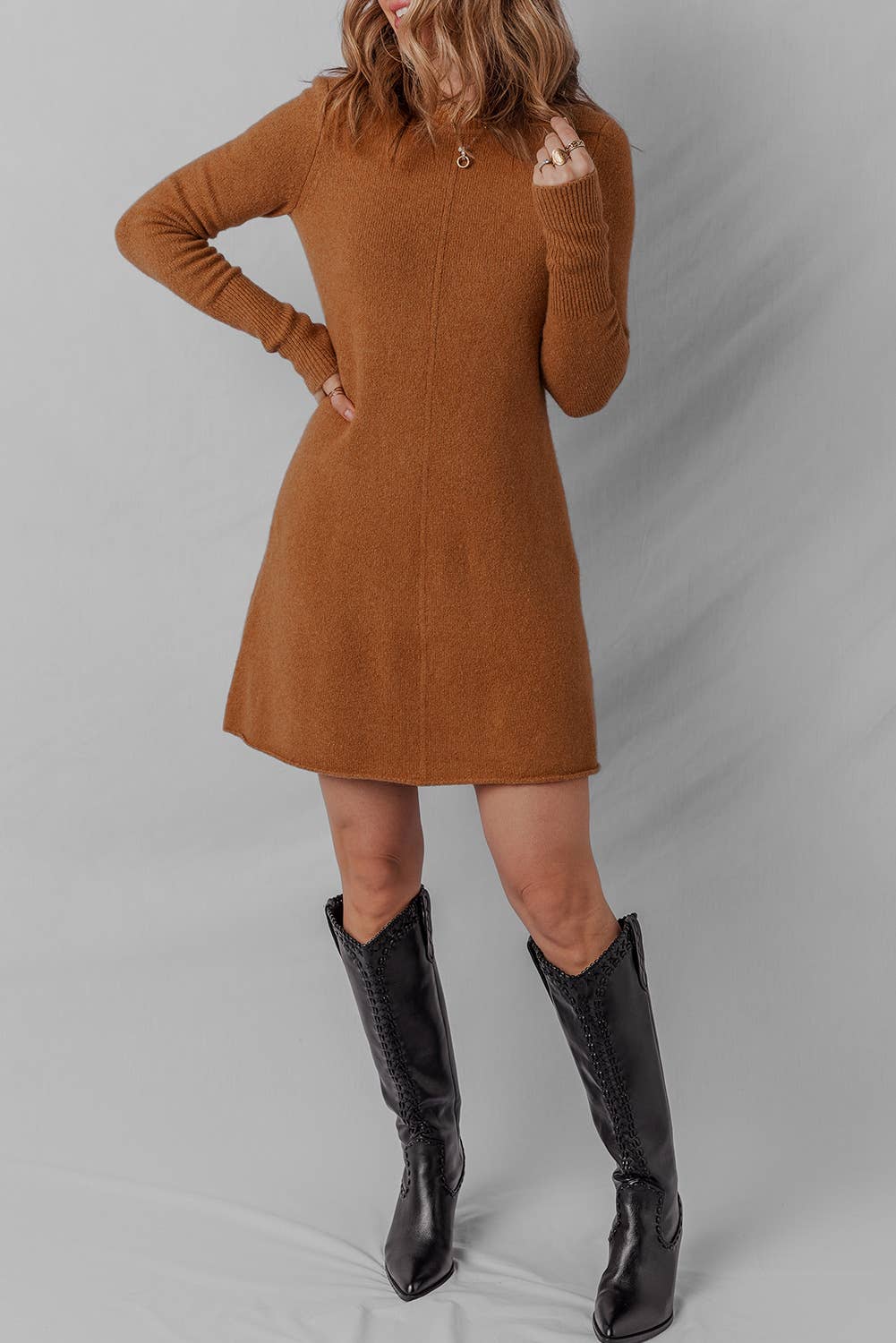 Ribbed Detail Solid Color Mini Sweater Dress