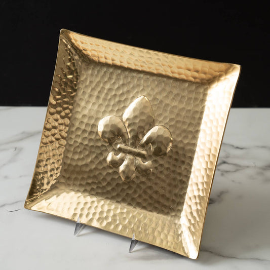 12" Gold Square Hammered Fleur de Lis Plate