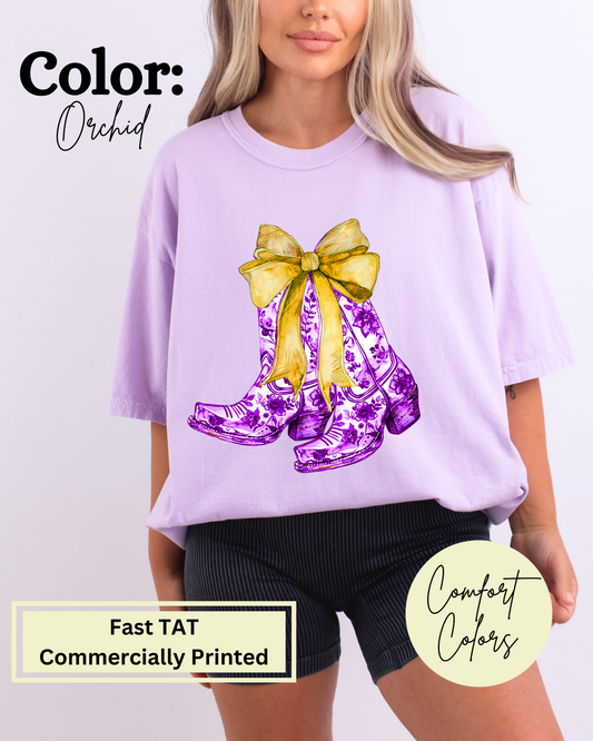 LSU Purple & Gold Coquette Boots Comfort Color Tee