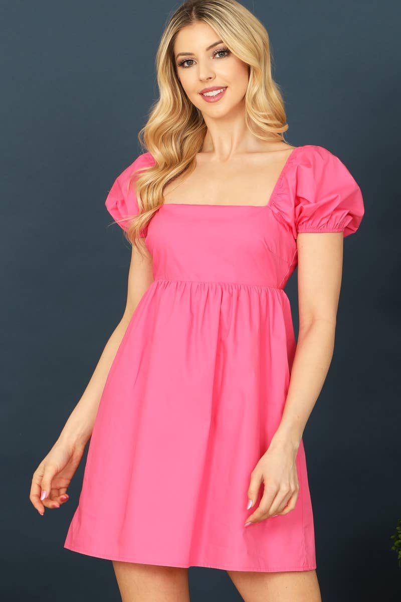 D8025-BABYDOLL SHORT PUFF SLEEVE SOLID MINI DRESS