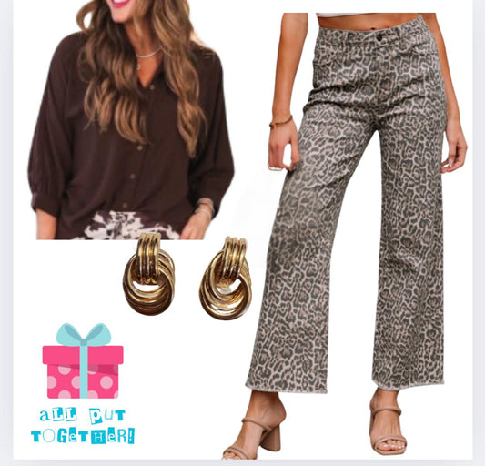Brown Leopard Frayed Edge Wide Leg High Waist Jeans