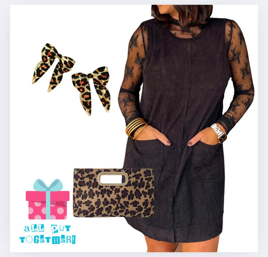 Black Corduroy Sleeveless Mini Dress With Patched Pockets