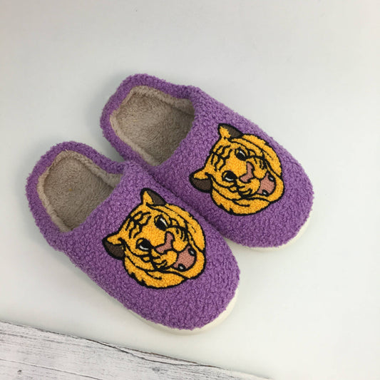Plush purple and gold tiger slippers