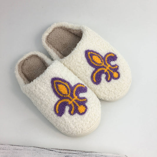 Plush purple and gold fleur de Lis slippers