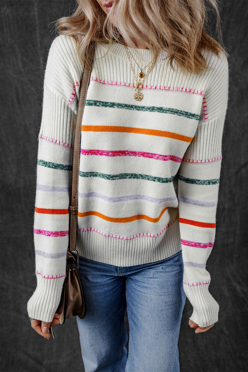 White Colorful Striped Ribbed Trim Round Neck Sweater