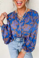 Blue & Orange Abstract Flower Dolman Sleeve Blouse