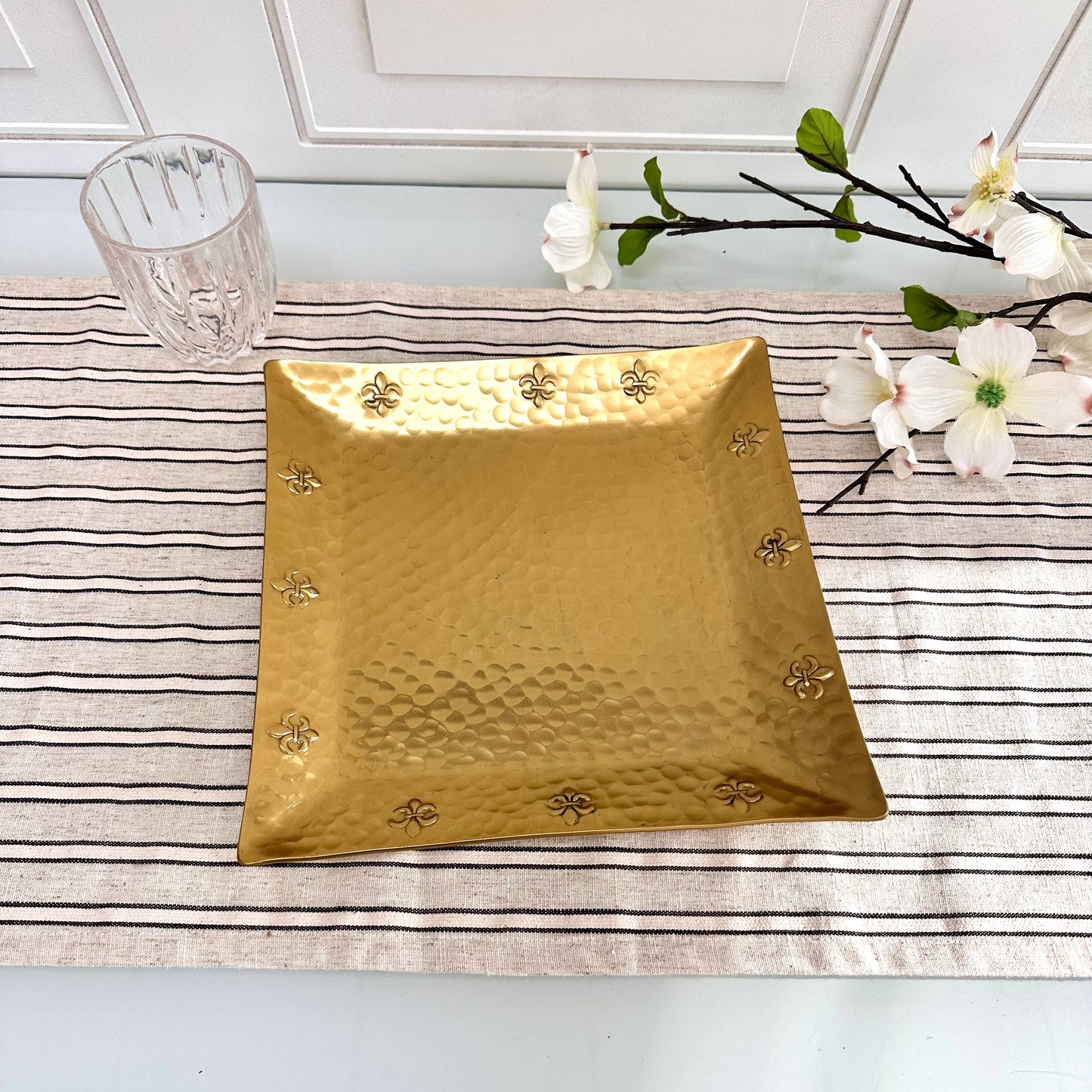 10" Gold Hammered Fleur de Lis Border Square Tray