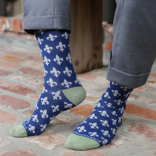 Men's Fleur de Lis Socks   Navy/Gray/Sage   One Size