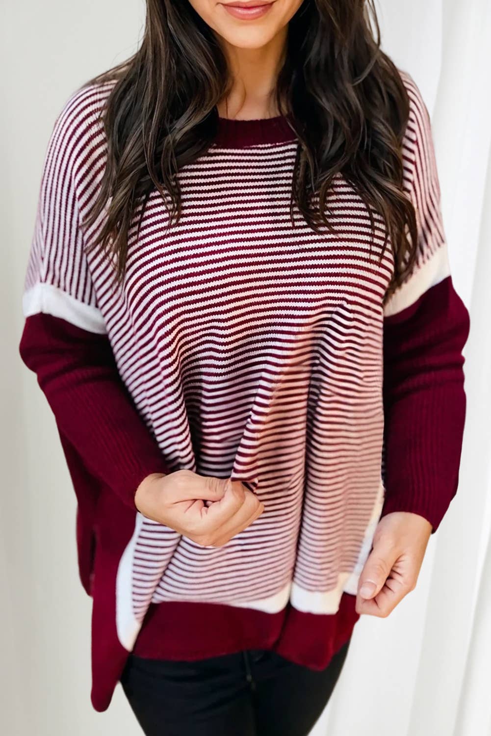 Stripe Colorblock Patch Dolman Tunic Sweater