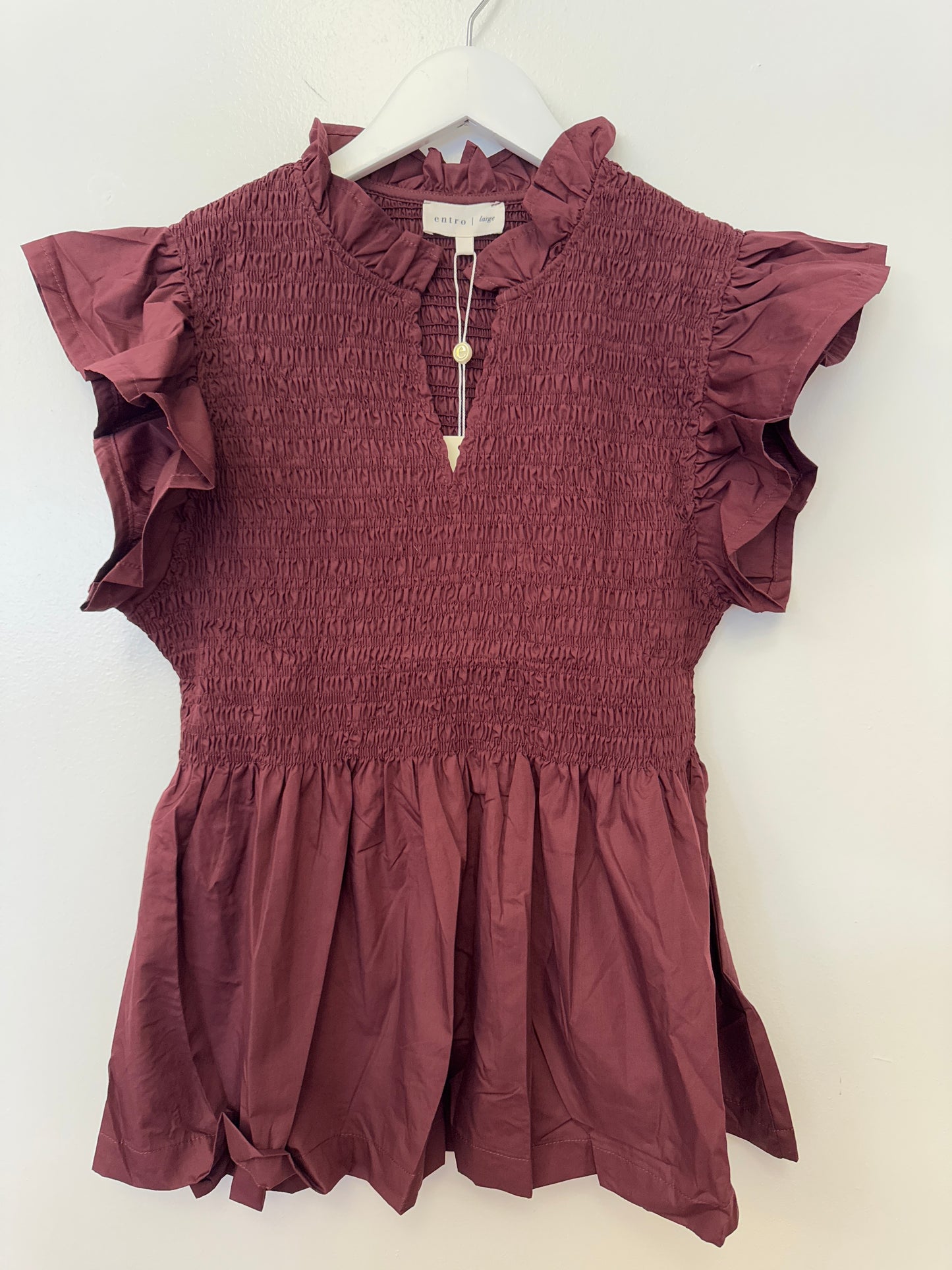 Wine V-Neck Smocked Top