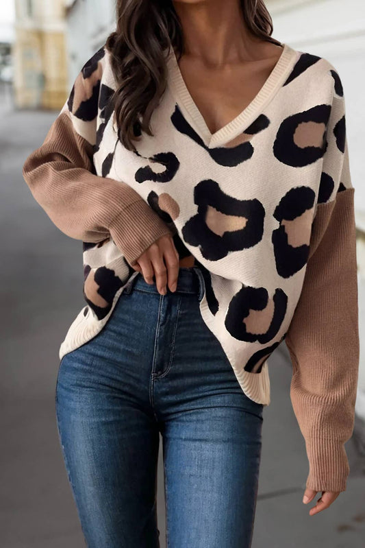 Leopard Colorblock V Neck Sweater