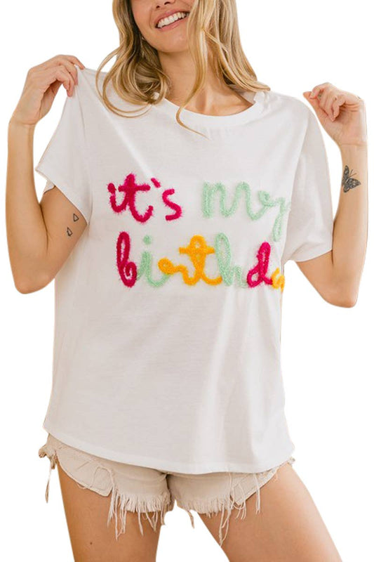 Birthday Metallic Letter Dolman Sleeve Top